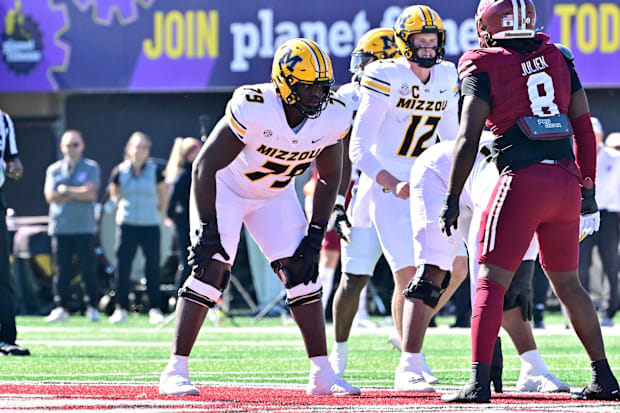 Missouri Tigers offensive lineman Armand Membou (79) lines up against the Massachusetts 