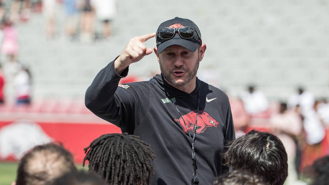 Apr 25, 2026; Fayetteville, AR, USA;   Arkansas Razorbacks head coach Ryan Silverfield talks to his team after the spring game at Donald W. Reynolds Razorback Stadium. Mandatory Credit: Brett Rojo-Imagn Images