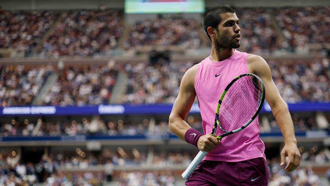 Sep 7, 2025; Flushing, NY, USA; Carlos Alcaraz (ESP) plays in the men's singles final of the 2025 US Open. Mandatory Credit: Geoff Burke-Imagn Images