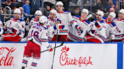 Apr 10, 2025; Elmont, New York, USA;  New York Rangers center Vincent Trocheck (16) celebrate his goal against the New York Islanders during the first period at UBS Arena. Mandatory Credit: Dennis Schneidler-Imagn Images