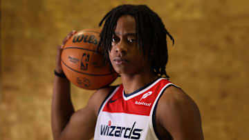 Sep 29, 2025; Washington, DC, USA; Washington Wizards guard Tre Johnson (12) poses for a portrait during Wizards Media Day at CareFirst Arena.  Mandatory Credit: Geoff Burke-Imagn Images