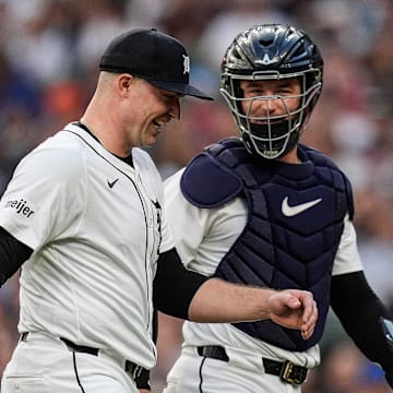 Detroit Tigers pitcher Tarik Skubal (29) talks to catcher Dillon Dingler (13) after pitching the fifth inning against Boston Red Sox at Comerica Park in Detroit on Wednesday, May 14, 2025