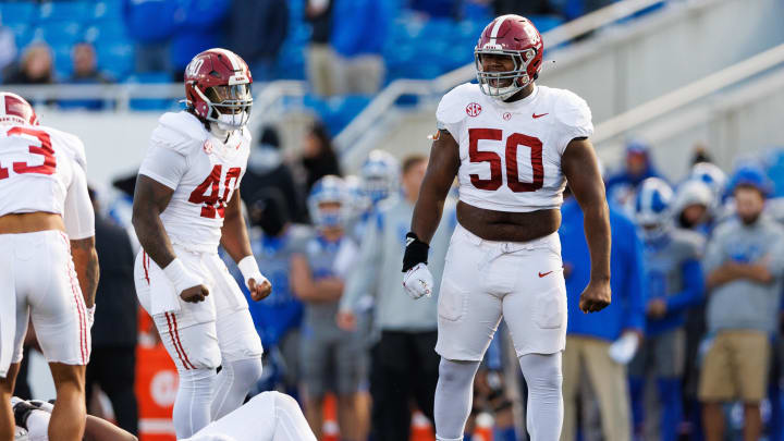 Nov 11, 2023; Lexington, Kentucky, USA; Alabama Crimson Tide defensive lineman Tim Smith (50) celebrates after a defensive stop against the Kentucky Wildcats during the fourth quarter at Kroger Field. Mandatory Credit: Jordan Prather-USA TODAY Sports