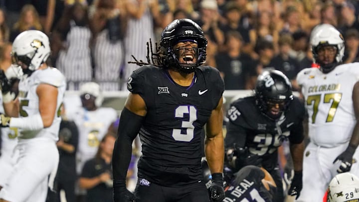 Oct 4, 2025; Fort Worth, Texas, USA; TCU Horned Frogs linebacker Kaleb Elarms-Orr (3) reacts after a defensive play against the Colorado Buffaloes during the second half at Amon G. Carter Stadium. Mandatory Credit: Raymond Carlin III-Imagn Images Oct 4, 2025; Fort Worth, Texas, USA; TCU Horned Frogs linebacker Kaleb Elarms-Orr (3) reacts after a defensive play against the Colorado Buffaloes during the second half at Amon G. Carter Stadium. Mandatory Credit: Raymond Carlin III-Imagn Images