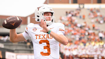 Oct 26, 2024; Nashville, Tennessee, USA;  Texas Longhorns quarterback Quinn Ewers (3) throws against the Vanderbilt Commodores during pregame warmups at FirstBank Stadium.