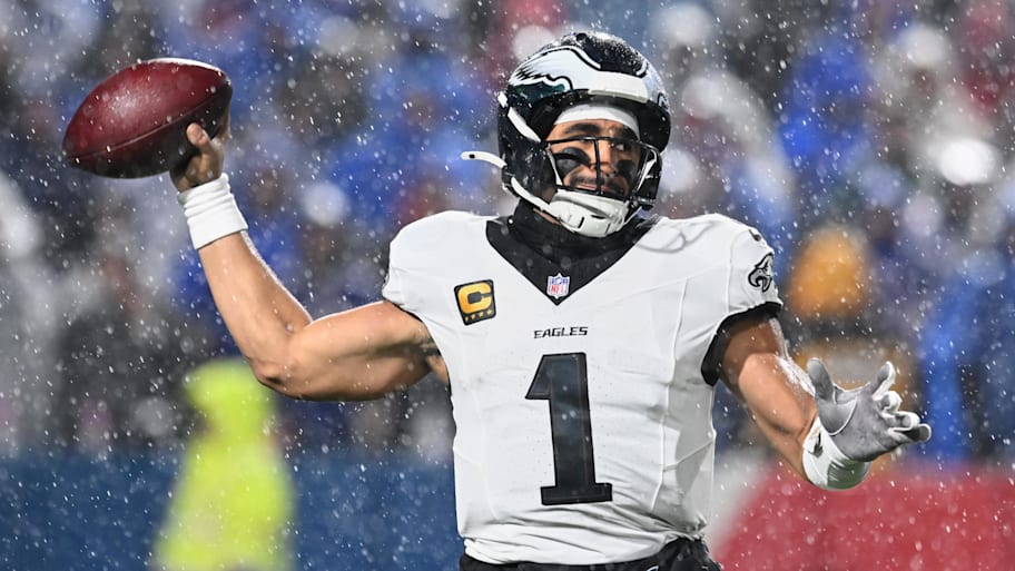 Philadelphia Eagles quarterback Jalen Hurts throws a pass against the Buffalo Bills.