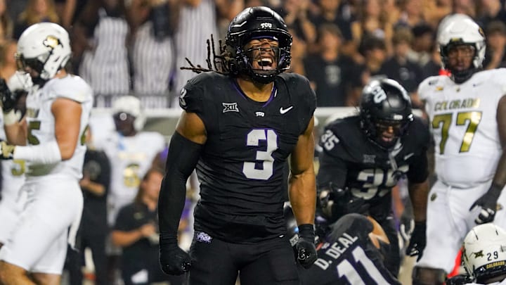 Oct 4, 2025; Fort Worth, Texas, USA; TCU Horned Frogs linebacker Kaleb Elarms-Orr (3) reacts after a defensive play against the Colorado Buffaloes during the second half at Amon G. Carter Stadium. Mandatory Credit: Raymond Carlin III-Imagn Images