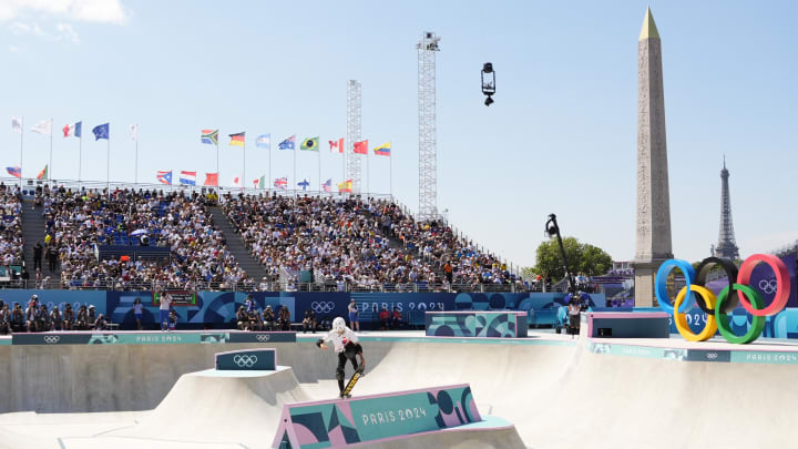 Women's skateboarding featured competitors soaring past some of Paris's most iconic landmarks.