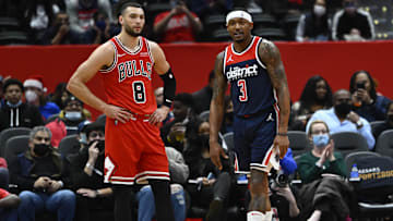 Jan 1, 2022; Washington, District of Columbia, USA; Washington Wizards guard Bradley Beal (3) talks with Chicago Bulls guard Zach LaVine (8) during the first half at Capital One Arena. Mandatory Credit: Brad Mills-Imagn Images