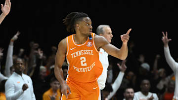 Mar 30, 2025; Indianapolis, IN, USA; Tennessee Volunteers guard Chaz Lanier (2) reacts against the Houston Cougars in the second half during the Midwest Regional final of the 2025 NCAA tournament at Lucas Oil Stadium. Mandatory Credit: Robert Goddin-Imagn Images