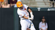 Tennessee infielder Dean Curley (1) hits a home run during a NCAA baseball game between Tennessee and Kentucky at Lindsey Nelson Stadium in Knoxville, Tenn., on April 18, 2025.
