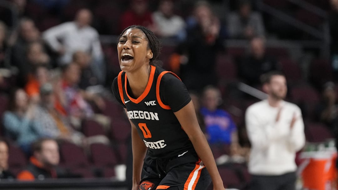 March 11, 2025; Las Vegas, NV, USA; Oregon State Beavers guard Tiara Bolden (0) celebrates against the Portland Pilots during the first half in the final of the West Coast Conference tournament at Orleans Arena. Mandatory Credit: Kyle Terada-Imagn Images