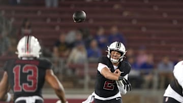 Oct 19, 2024; Stanford, California, USA; Stanford Cardinal quarterback Elijah Brown (2) throws a pass to wide receiver Elic Ayomanor (13) during the third quarter against the Southern Methodist Mustangs at Stanford Stadium. Mandatory Credit: Darren Yamashita-Imagn Images