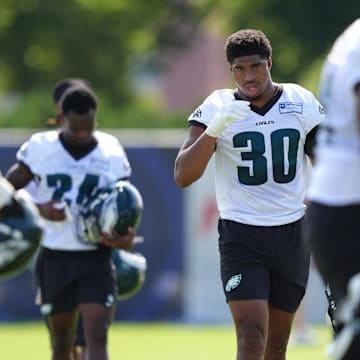 Jul 23, 2025; Philadelphia, PA, USA; Philadelphia Eagles linebacker Jihaad Campbell (30) warms up during training camp at NovaCare Complex. Mandatory Credit: Kyle Ross-Imagn Images