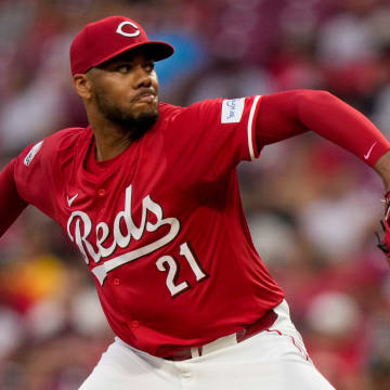 Cincinnati Reds pitcher Hunter Greene (21) throws a pitch in the first inning of the MLB National League game between the Cincinnati Reds and the Pittsburgh Pirates at Great American Ball Park on Tuesday, June 25, 2024. The Pirates won the second game of the series, 9-5.