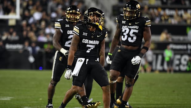 Oct 12, 2024; Boulder, Colorado, USA; Colorado Buffaloes safety Cam'Ron Silmon-Craig (7) celebrates after a defensive stop du