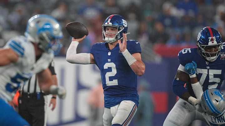 Aug 8, 2024; East Rutherford, New Jersey, USA; New York Giants quarterback Drew Lock (2) throws the ball during the first half against the Detroit Lions at MetLife Stadium.  