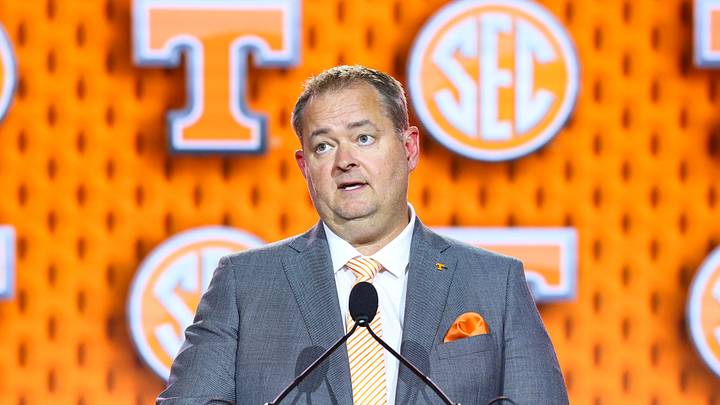 Jul 20, 2026; Tampa, FL, USA; Tennessee Volunteers head coach Josh Heupel speaks to the press during SEC Football Kickoff Media Day at the Tampa Marriott. Mandatory Credit: Nathan Ray Seebeck-Imagn Images