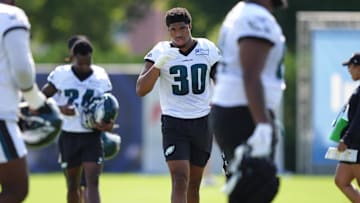 Jul 23, 2025; Philadelphia, PA, USA; Philadelphia Eagles linebacker Jihaad Campbell (30) warms up during training camp at NovaCare Complex. Mandatory Credit: Kyle Ross-Imagn Images