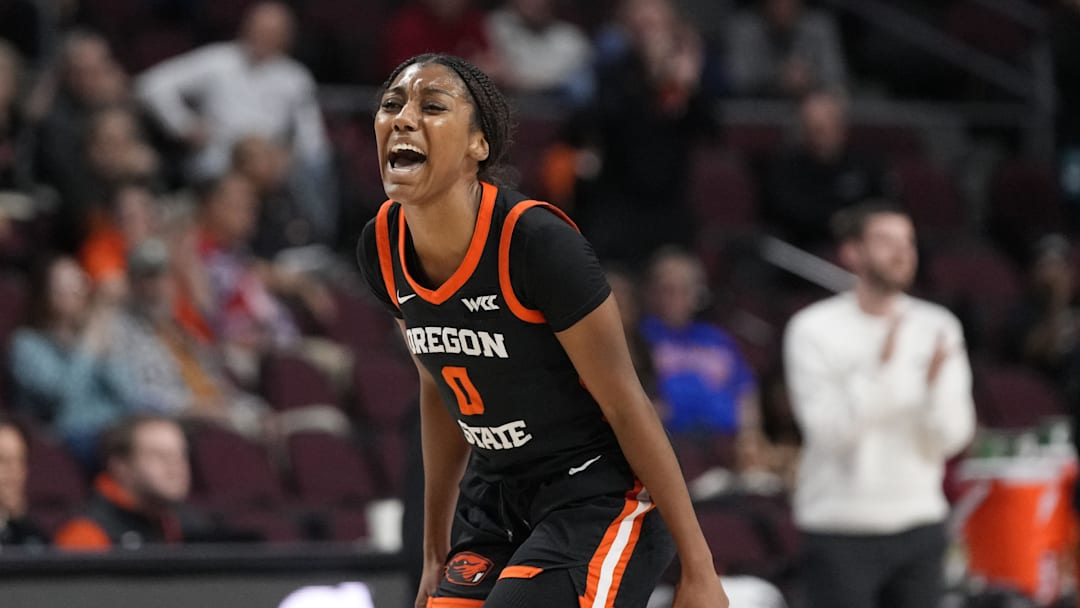 March 11, 2025; Las Vegas, NV, USA; Oregon State Beavers guard Tiara Bolden (0) celebrates against the Portland Pilots during the first half in the final of the West Coast Conference tournament at Orleans Arena. Mandatory Credit: Kyle Terada-Imagn Images