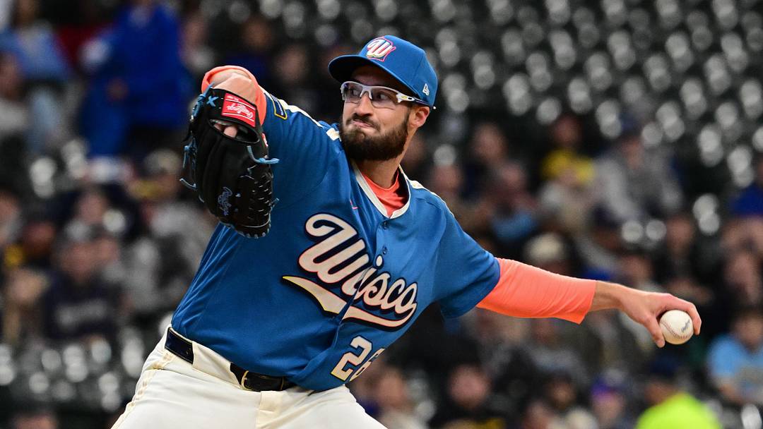 Apr 10, 2026; Milwaukee, Wisconsin, USA;  Milwaukee Brewers pitcher Aaron Ashby (26) warms up in the teams new City Connect uniform before game against the Washington Nationals at American Family Field. Mandatory Credit: Benny Sieu-Imagn Images