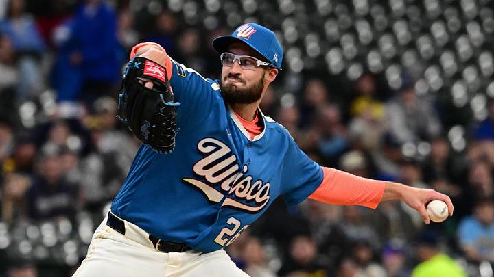Apr 10, 2026; Milwaukee, Wisconsin, USA;  Milwaukee Brewers pitcher Aaron Ashby (26) warms up in the teams new City Connect uniform before game against the Washington Nationals at American Family Field. Mandatory Credit: Benny Sieu-Imagn Images