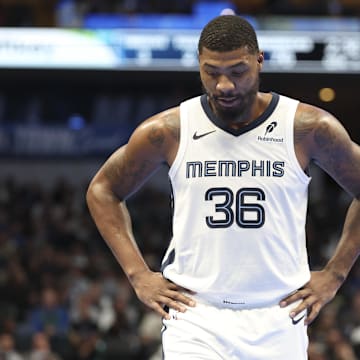 Dec 3, 2024; Dallas, Texas, USA;  Memphis Grizzlies guard Marcus Smart (36) reacts against the Dallas Mavericks during the second half at American Airlines Center. Mandatory Credit: Kevin Jairaj-Imagn Images