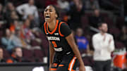 March 11, 2025; Las Vegas, NV, USA; Oregon State Beavers guard Tiara Bolden (0) celebrates against the Portland Pilots during the first half in the final of the West Coast Conference tournament at Orleans Arena. Mandatory Credit: Kyle Terada-Imagn Images
