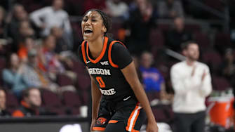 March 11, 2025; Las Vegas, NV, USA; Oregon State Beavers guard Tiara Bolden (0) celebrates against the Portland Pilots during the first half in the final of the West Coast Conference tournament at Orleans Arena. Mandatory Credit: Kyle Terada-Imagn Images