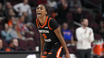 March 11, 2025; Las Vegas, NV, USA; Oregon State Beavers guard Tiara Bolden (0) celebrates against the Portland Pilots during the first half in the final of the West Coast Conference tournament at Orleans Arena. Mandatory Credit: Kyle Terada-Imagn Images