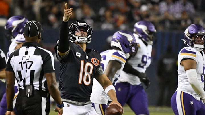 Caleb Williams celebrates after a scramble to a first down in Monday night's loss. Caleb Williams celebrates after a scramble to a first down in Monday night's loss.