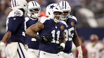 Dallas Cowboys linebacker Micah Parsons celebrates a sack of Washington Commanders quarterback Sam Howell.