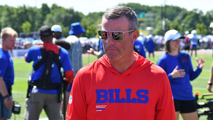 Jul 23, 2025; Rochester, NY, USA; Buffalo Bills general manager Brandon Beane on the field during training camp at St. John Fisher University. Mandatory Credit: Mark Konezny-Imagn Images