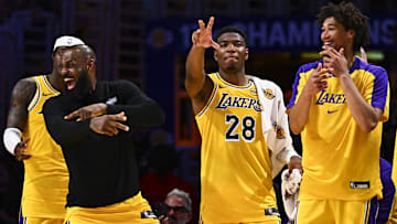 Los Angeles Lakers forward Jarred Vanderbilt (2), forward LeBron James (23), forward Rui Hachimura (28), center Jaxson Hayes (11), and Los Angeles Lakers guard Luka Doncic (77) celebrate after scoring against the Houston Rockets during the second half at Crypto.com Arena.
