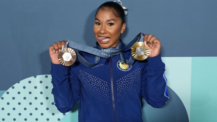 Aug 5, 2024; Paris, France; Jordan Chiles of the United States poses for a photo with her gold and bronze medasl after day three of the gymnastics event finals during the Paris 2024 Olympic Summer Games. Mandatory Credit: Kyle Terada-USA TODAY Sports