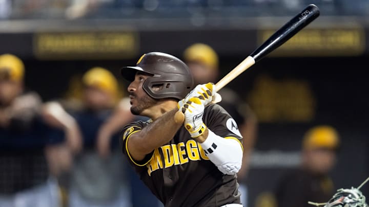 Ramon Laureano against the Chicago White Sox during a spring training game at Peoria Sports Complex.
