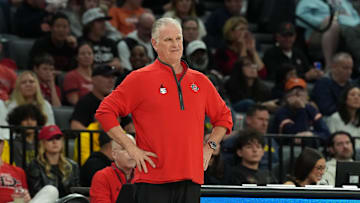 Nov 24, 2025; Las Vegas, Nevada, USA; San Diego State Aztecs head coach Brian Dutcher looks on during the first half against the Michigan Wolverines in a 2025 Players Era Festival group play game at Michelob Ultra Arena.