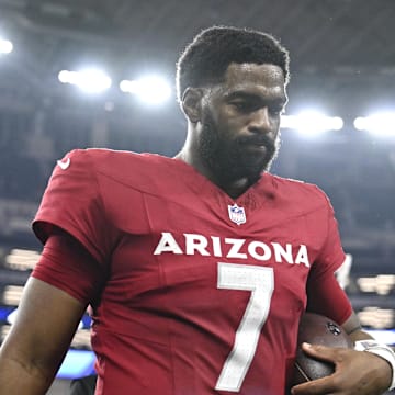 Nov 3, 2025; Arlington, Texas, USA; Arizona Cardinals quarterback Jacoby Brissett (7) leaves the field after defeating the Dallas Cowboys at AT&T Stadium. Mandatory Credit: Jerome Miron-Imagn Images