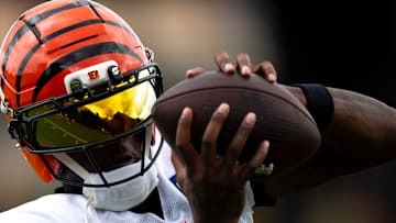 Cincinnati Bengals wide receiver Tee Higgins (5) catches a pass during Cincinnati Bengals Practice in Cincinnati on Aug. 21, 2025.