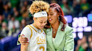Feb 17, 2025; South Bend, Indiana, USA; Notre Dame Fighting Irish head coach Niele Ivey talks to guard Hannah Hidalgo (3) in the second half against the Duke Blue Devils at the Purcell Pavilion.