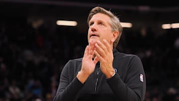 Dec 23, 2023; Sacramento, California, USA; Minnesota Timberwolves head coach Chris Finch claps on the sideline during the fourth quarter against the Sacramento Kings at Golden 1 Center. Mandatory Credit: Kelley L Cox-Imagn Images