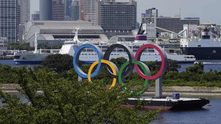 Aug 6, 2021; Tokyo, Japan; A general view of the Olympic rings as seen from Daiba during the Tokyo 2020 Olympic Summer Games.