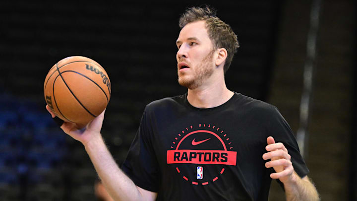 Feb 22, 2026; Milwaukee, Wisconsin, USA; Toronto Raptors center Jakob Poeltl (19) warms up before game against the Milwaukee Bucks at Fiserv Forum. Mandatory Credit: Benny Sieu-Imagn Images