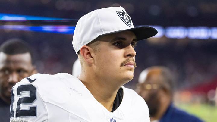 Las Vegas Raiders quarterback Aidan O'Connell against the Arizona Cardinals during a preseason NFL game.