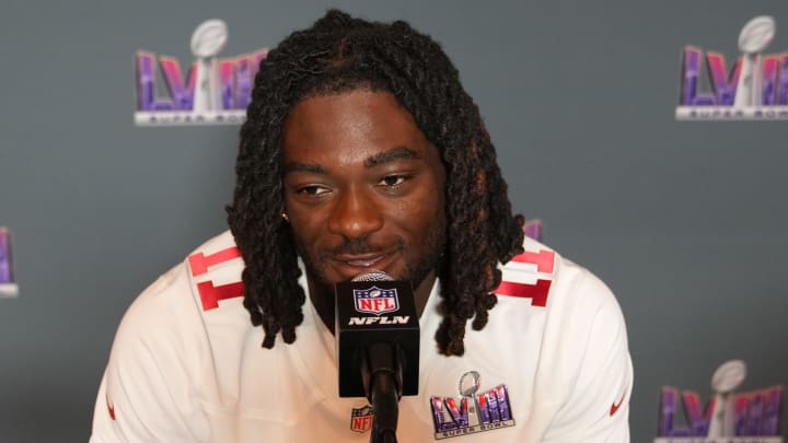 Feb 7, 2024; Las Vegas, NV, USA; San Francisco 49ers wide receiver Brandon Aiyuk (11) during a press conference before Super Bowl LVIII at Hilton Lake Las Vegas Resort and Spa. 