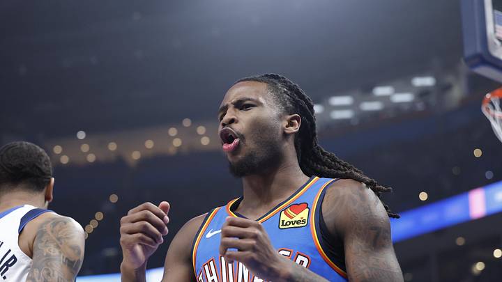 Jan 23, 2025; Oklahoma City, Oklahoma, USA; Oklahoma City Thunder guard Cason Wallace (22) reacts to an officials call after a play against the Dallas Mavericks during the first quarter at Paycom Center. Mandatory Credit: Alonzo Adams-Imagn Images