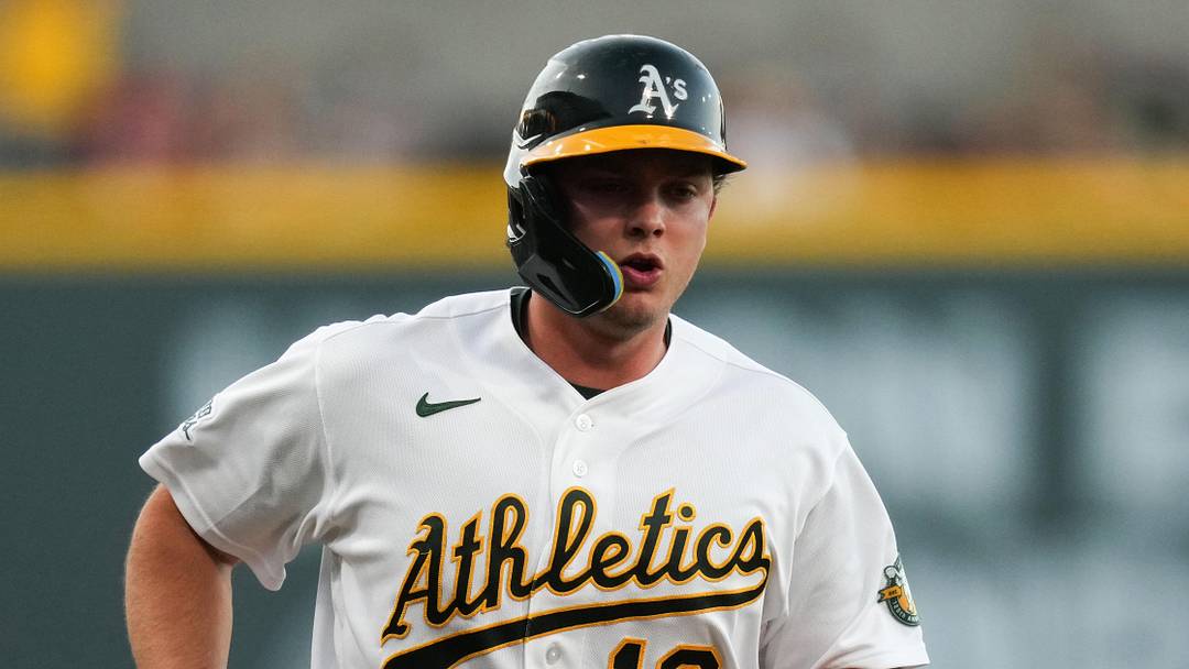 Jun 13, 2026; Summerlin, Nevada, USA; Athletics first baseman Nick Kurtz (16) scores during the first inning against the Colorado Rockies at the Las Vegas Ballpark. Mandatory Credit: Lucas Peltier-Imagn Images