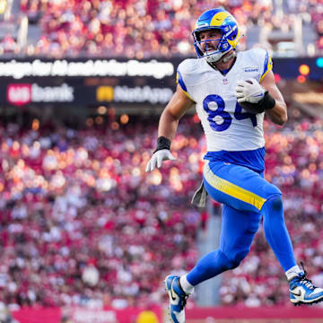 Nov 9, 2025; Santa Clara, California, USA; Los Angeles Rams tight end Colby Parkinson (84) scores a touchdown during the fourth quarter against the San Francisco 49ers at Levi's Stadium. Mandatory Credit: Cary Edmondson-Imagn Images