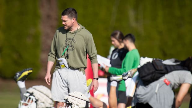 Oregon head coach Dan Lanning walks the field during practice with the Ducks Tuesday, April 23, 2024 at the Hatfield-Dowlin C