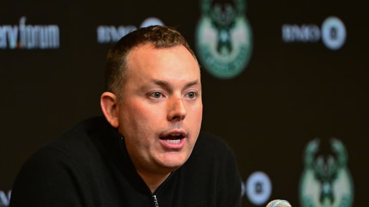 Jan 24, 2024; Milwaukee, Wisconsin, USA; Milwaukee Bucks general manager Jon Horst address the media after head coach Adrian Griffin (not pictured) was dismissed at Fiserv Forum. Mandatory Credit: Benny Sieu-USA TODAY Sports